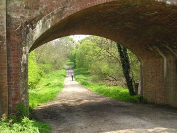 Perspective view, dirt track between greenery, into distance, under brick bridge