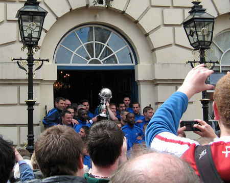 Team members gathered on Mansion House steps