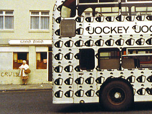 Bus advertising Jockey – outside the Grobs on Rougier Street, early 1980s