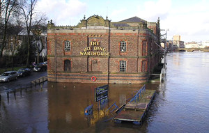 View of the Bonding Warehouse from Skeldergate Bridge, 1 February 2004, during Ouse flooding