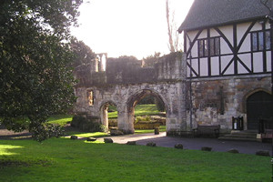 Winter afternoon sunlight behind the Hospitium, Museum Gardens