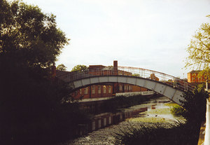 View of the iron bridge over the Foss, and the surrounding buildings, summer 1990