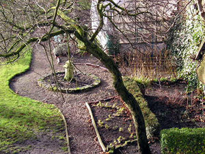 Looking down on the gardens in the shadow of the bar walls between Bootham Bar and Monk Bar, on the morning of 21 January 2004