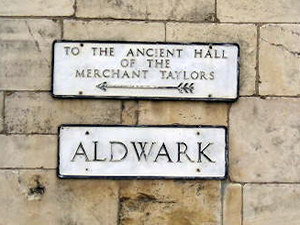 Sign for Aldwark and Merchant Taylors' Hall