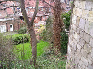 Behind the Gillygate shops and houses, with  one of the towers of the city wall on the right