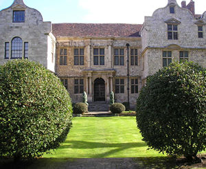 Treasurer's House front, across its gardens, in the morning sun