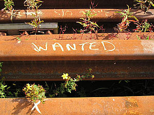 Rusty rail, marked 'wanted'