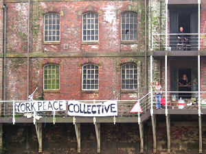 Bonding Warehouse with banner for the York Peace Collective
