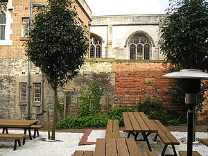 Riverside garden. with Guildhall buildings view