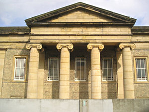 Grand front of Methodist chapel, above Stonebow's concrete edging