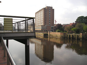Riverside view, showing modern hotel block