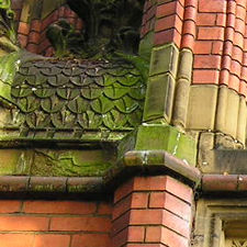 Detail from Dispensary building – green on red